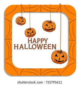 Vector illustration set from pumpkins for celebrating holiday halloween. Halloween pattern consisting of funny smile pumpkin on cobweb background. Pumpkin face is the main symbol on party halloween.