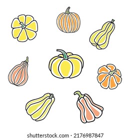 Vector illustration set of pumpkins in doodle style
