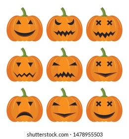 Vector illustration set of pumpkins for halloween. Scary faces of pumpkins