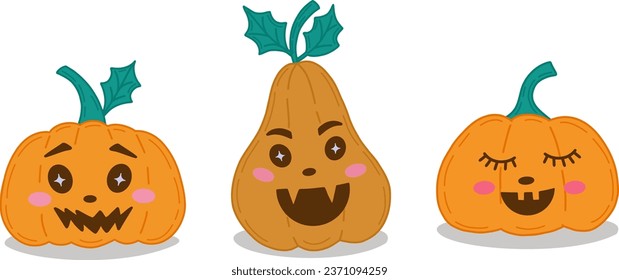 Vector illustration of a set of pumpkins. The main symbol of the happy Halloween holiday. Orange pumpkin with a smile for decorating your Halloween party.  A set of pumpkins. A sign for Halloween.