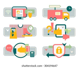 Vector illustration set purchasing product via internet, shopping communication and delivery service. Registration, product search, payment, delivery, ratings and reviews,  buyer protection refunds.