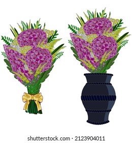 Vector illustration set of purple flower bouquet with bow and flowers in vase 