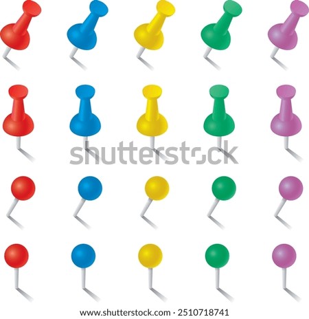 Vector illustration set of push pins and thumb tacks of various shapes