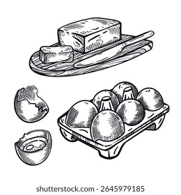Vector illustration set, quoi eggs, egg cell, butter with knife. All objects are hand-drawn in vector. Illustrations are suitable for the design of food packaging, the design of farm shops.