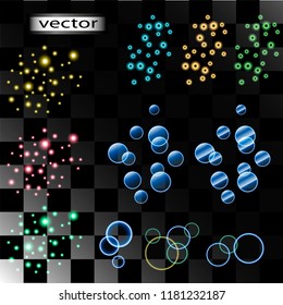 Vector illustration set for radiance design and glitter bokeh effect of blurred glow and glittering flashes of light, in bright festive colors