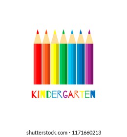 Vector illustration. Set of rainbow colored pencils on white background with lettering. Banner for kindergarten.