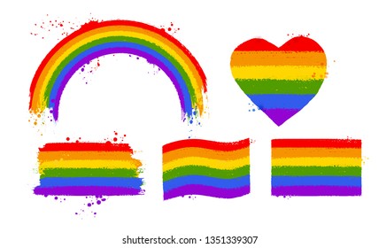 Vector illustration set of rainbow LGBT flag color symbols and banners isolated on white background.