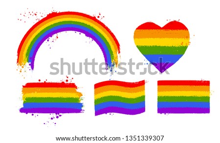 Vector illustration set of rainbow LGBT flag color symbols and banners isolated on white background.