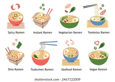 Juego de Ilustración vectorial de tazones de ramen y cajas de comida para llevar con fideos chinos y japoneses, vegetarianos y mariscos. Tipos de caldos como tsukumen, shio, tonkotsu, ingredientes de sopa de fideos, esteras de bambú