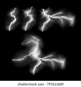 Vector illustration. Set of ransparent light effect of electric lightning. The indomitable power of natural energy