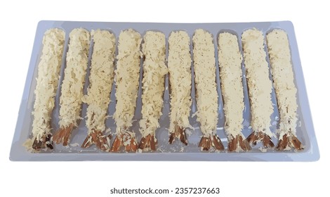 Ilustración vectorial del conjunto de gambas congeladas crudas en migas de pan, envasadas en bandeja de plástico blanco sobre fondo blanco. Listo para freír Ebi Furai cubierto de pan crujiente, cocina de conveniencia.