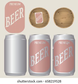 vector illustration of set of realistic beer cans 330 ml and barrels for the design. pattern beer label in vintage style. droplets of water.