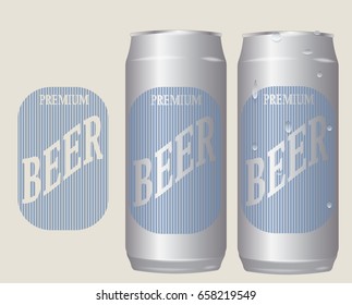 vector illustration of set of realistic beer cans 500 ml for design. blue pattern beer label in vintage style. droplets of water.