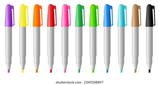 Vector illustration of a set of realistic colored markers on a white background. Stationery and school supplies.