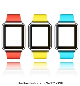 Vector illustration of set realistic colorful smart watch isolated on white background with reflection. Mock-up.