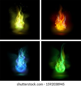 Vector illustration. Set of realistic different colores fire flames yellow, blue, green, red. Bright burning flames on the black background. 