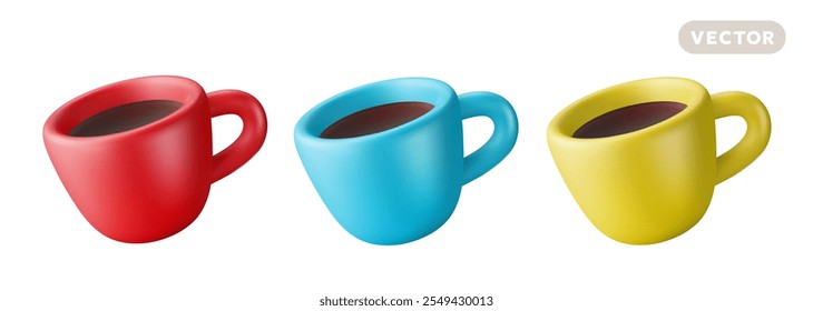 Vector illustration of set of realistic different color cup with coffee on white background. 3d cartoon style design of coffee cup icon for cafe banner, menu