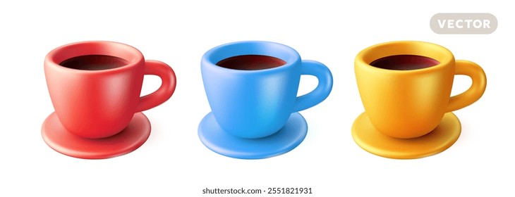 Ilustração vetorial do conjunto de xícara de cor diferente realista com café e disco de cerâmica no fundo branco. 3d design estilo cartoon de ícone brilhante da xícara de café para bandeira de café, menu