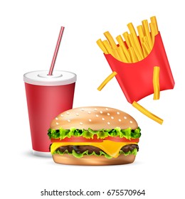 Vector illustration. Set of realistic fast food icons. Burger, French fries, cold drink isolated on background