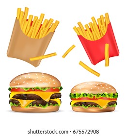Vector illustration. Set of realistic fast food icons isolated on background
