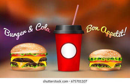 Vector illustration. Set of realistic fast food icons. Burger, French fries, cold drink isolated on background