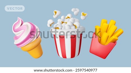 Vector illustration of set of realistic fast food icon. Bucket of pop corn, french fries and ice cream. 3d style design of popcorn bucket, ice cream and box of french fries. Sweet cinema fast food