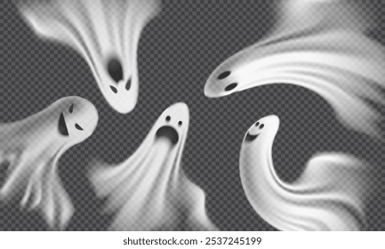 Vector illustration of a set with realistic ghosts with creepy faces for Halloween. Flying scary phantom silhouettes on isolated dark background. Mystical foggy spirits with different emotions.