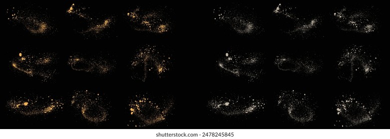 Vektorillustration-Set aus realistischem Goldglitzer-Sternenstaub und weißer Farbspritzstruktur