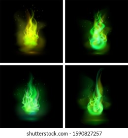 Vector illustration. Set of realistic green fire flames. Green burning flames on the black background.