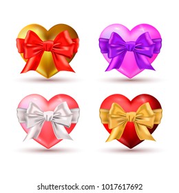 Vector illustration. Set of realistic hearts with bow. Valentine's day design. Red, pink, violet, gold heart isolated on white