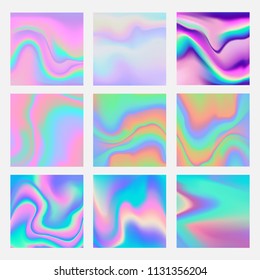 Vector illustration set of realistic holographic hologram backgrounds, templates of neon pastel iridescent foil texture for modern design