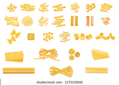 Vector illustration set of realistic icons of dry macaroni of various kinds, pasta, fusilli, conchiglio, rigatoni, farfalle, penne isolated on white background