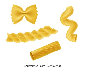 Vector illustration set of realistic icons of dry macaroni of various kinds, pasta, fusilli, rigatoni, farfalle, twists isolated on white background