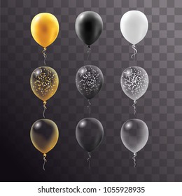 vector illustration. set realistic inflatable festive balloons. balls different colors, gold, white, black, transparent and filled with sparkles and confetti. design graphics birthday, anniversary