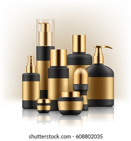 Vector illustration with set of realistic package for cosmetic product. Blank templates of jar, tube, bottles and deodorant. Mock-up of empty black and silver plastic containers on white