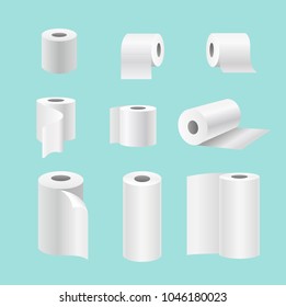 Vector illustration set of realistic paper rolls isolated on blue background. Blank white 3d kitchen towels, toilet paper in different positions.