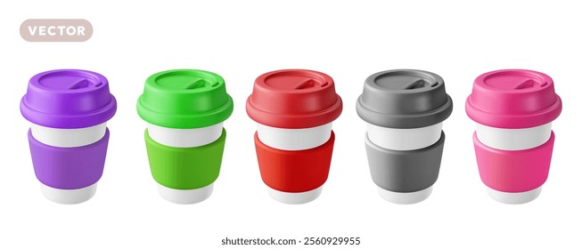 Vector illustration of set of realistic paper coffee cup with lid isolated on white color background. 3d style cartoon design of different color takeaway coffee cup icon. Street fast food and drink