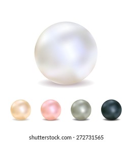 Vector illustration - set of realistic pearls (white, peach, pink, gray, black), isolated on a white background. 