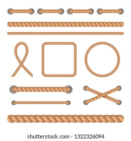 Vector illustration set of realistic seamless treads and twisted rope knots isolated on white background. Decorative elements for retro and vintage design.