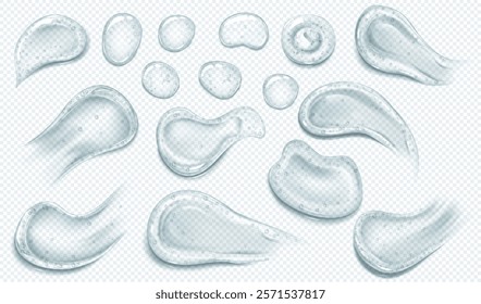 Vector illustration of set of realistic smears and drops, different shapes, transparent cosmetic product. Natural cosmetics. Gel, salt, or shampoo. Close-up. Isolated transparent background.