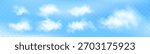 Vector illustration set of realistic white clouds on blue sky background. Soft and fluffy cloud shapes for weather, nature, sky, and background design projects.