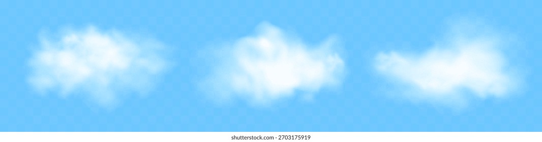 Conjunto de Ilustración vectorial de nubes blancas realistas sobre fondo azul celeste. Formas de nubes suaves y esponjosas para proyectos de diseño de Clima, naturaleza, cielo y fondo.