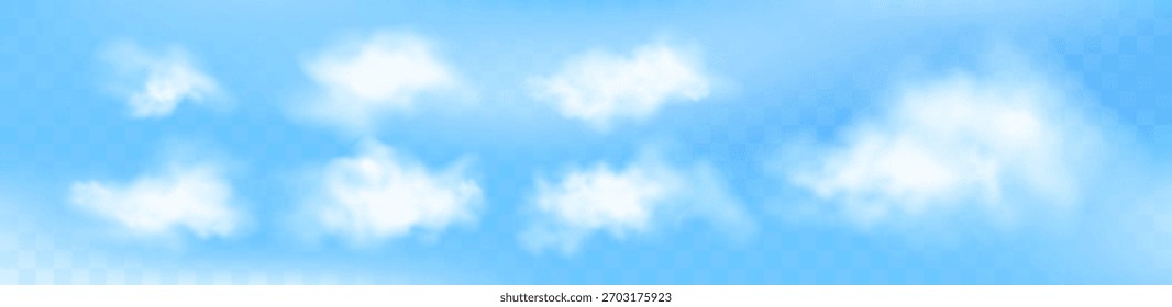 Vector illustration set of realistic white clouds on blue sky background. Soft and fluffy cloud shapes for weather, nature, sky, and background design projects.