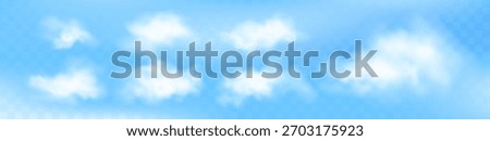 Vector illustration set of realistic white clouds on blue sky background. Soft and fluffy cloud shapes for weather, nature, sky, and background design projects.