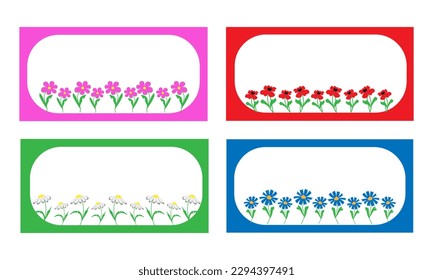 vector illustration of a set of rectangular colored frames with summer meadow doodle stylized flowers - cornflowers, kosmeya flowers, poppies and chamomiles, with a place for textred 