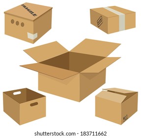 Vector illustration of a set of recycled cardboard boxes 