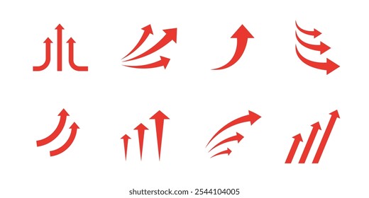 Vector illustration set of red arrows. Image showing upward, leap, growth, upward and momentum direction.