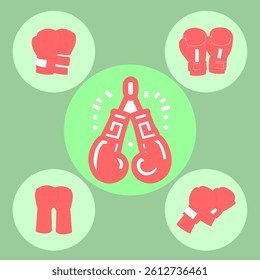Vector illustration of a set of red boxing gloves isolated in various styles, isolated in green circular backgrounds. Perfect for use in sports-related designs, fitness apps, boxing events