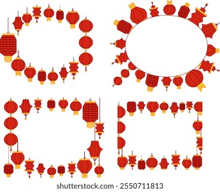 Vector illustration set of red chinese lanterns oval frames. Graphic templates on transparent background, CNY