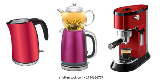 Vector Illustration Set Of Red Coffee Machine With Cup Of Coffee, Red Kettle And Traditional Turkish Kettle With Teapot Isolated On White Background